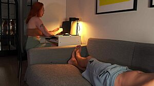 Nerdy Redhead Teases with Tits While Sucking Hard Cock
