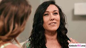Lesbian milf seduces her petite redhead neighbor into a steamy encounter.