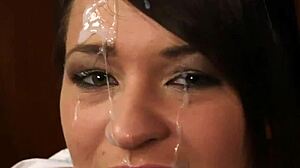 Beautiful Woman Enjoys Facial Cumshot And Swallows In Bukkake Session