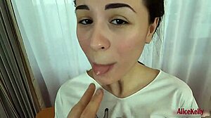 Watch this brunette suck dick deep and fuck doggystyle, cum on her pussy.