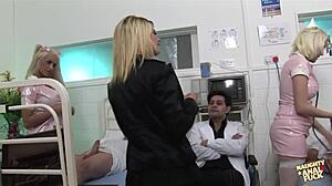 In the hospital, big-dicked patients slipped on condoms to bang fake-titted nurses hard