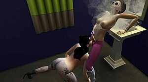 sims 4 characters dive into fresh pussy in a public toilet.