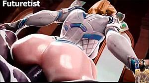Kiriko deepthroats cock while Emma Frost gets anal fucked.