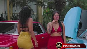 Latina lesbians on luxury cars fuck with dildos, big asses bouncing!