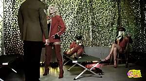 Three Girls In Retro Uniforms Play With Stud