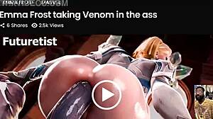 Kiriko deepthroats cock while Emma Frost gets anal fucked.