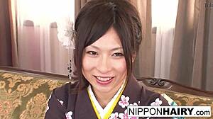 Japanese geisha gets tied up and played with her ass and pussy.