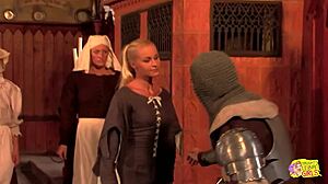 A blonde and a brunette medieval hotties have some outdoor lesbian licking and fingering action