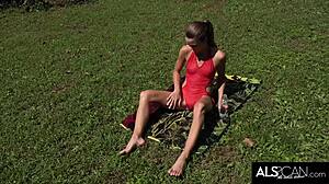 man, this slim teen oils up her fit body and hits climax outdoors!
