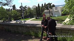 spanish hottie gets wild with a crowd outdoors