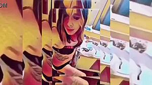 Hot shemale teasing in the bathroom, undressing slowly