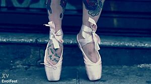 ballerina in ballet shoes walks down the street