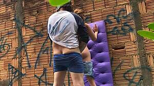 Naughty young Latina girl gets hand sucked in ass with sex toy in public!