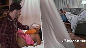 Busty Ebony Teen Rides Stepdad In Tent While Stepmom Naps