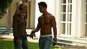 fetish babe fucks outdoors with blowjob and handjob