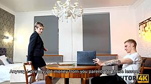 tutor with short hair whispers, 'ready for our unforgettable affair in stockings?'