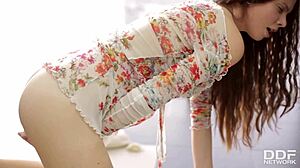 Young russian brunette babe peachy masturbates her shaved pussy and small boobs