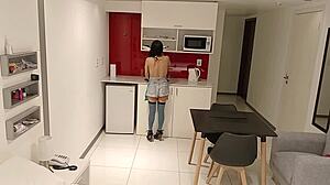 Latina Brunette Eats Banana Then Sucks Big Cock in Kitchen