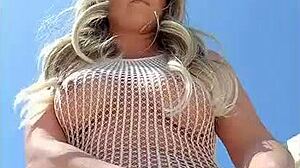 Beautiful Blonde Flashes Big Tits and Ass in See-Through Dress Outdoors