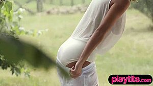 Can this big tits milf flaunt naked in the rain without clothes?