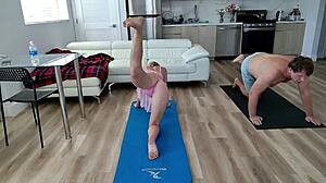 blonde babe gets flexible in workout, showing off shaved body and natural tits