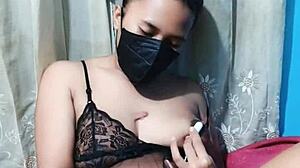 i love this housewife in bikini masturbating with a dildo, her big tits bouncing