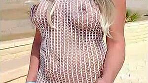 Beautiful Blonde Flashes Big Tits and Ass in See-Through Dress Outdoors