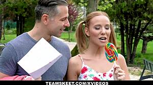 Skinny teen with braces rides big cock hard, innocence meets lust.