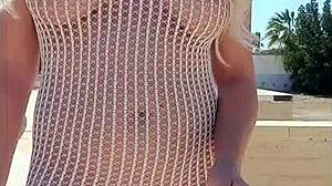 Beautiful Blonde Flashes Big Tits and Ass in See-Through Dress Outdoors