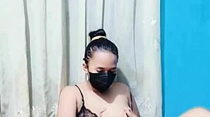 i love this housewife in bikini masturbating with a dildo, her big tits bouncing