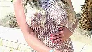 Beautiful Blonde Flashes Big Tits and Ass in See-Through Dress Outdoors