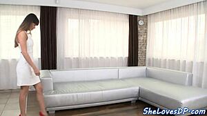 Classy babe enjoys a liquid lunch with shoes and spitting