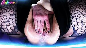 Hairy wet cunt squirts in solo masturbation