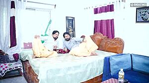 Desi Indian Jamindar brothers share four wives in real gangbang with Hindi audio