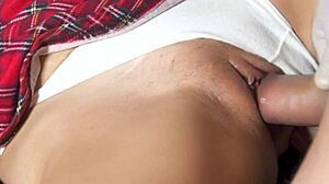 Pretty Japanese college girl rides cock cowgirl style with close-up pussy shots.