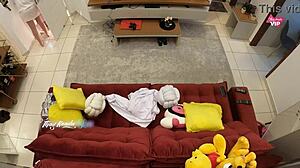 Hot wife welcomes delivery boy for sex on sofa at home