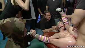 blonde gets gagged and fucked in a public shop during bizarre humiliation