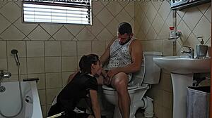 Petite Slut Sucking Cock on Dirty Toilet Seat