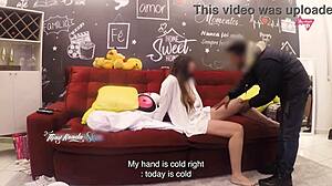 Hot wife welcomes delivery boy for sex on sofa at home