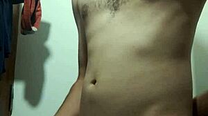 skinny young guy says, 'watch me undress and stroke my big cock in the bathroom'