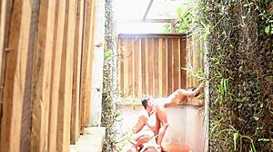 Asian couple meets in Thailand woods shower for intense hardcore sex and passionate riding