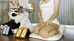 Two Horny Cheerleaders Challenge Big Cock Guy To Cum With Dice Game Double Handjob