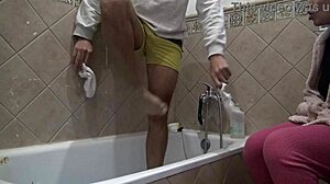 Taboo family stepmother watching how her stepson washing his dirty cock in front of her