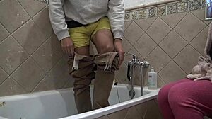 Taboo family stepmother watching how her stepson washing his dirty cock in front of her