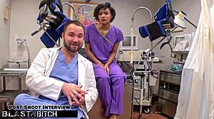 Oh no, I got caught as the student with glasses and tattoos, she says while getting deepthroat face fucked and doggystyle pounded in latex gloves.