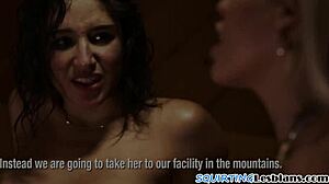 dominant lesbian fingers tight babe's trimmed pussy to squirting orgasm