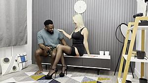 blonde step mom in black stockings has interracial creampie sex