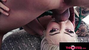 Inked blonde throated hard by monster cock