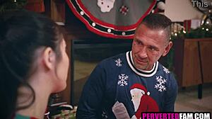 Young Brunette Gives Stepdad Blowjob and Fucking as Special Christmas Gift with Monster Cock