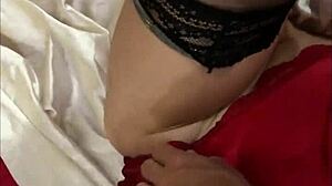 french amateur in red satin leopard bodysuit and heels